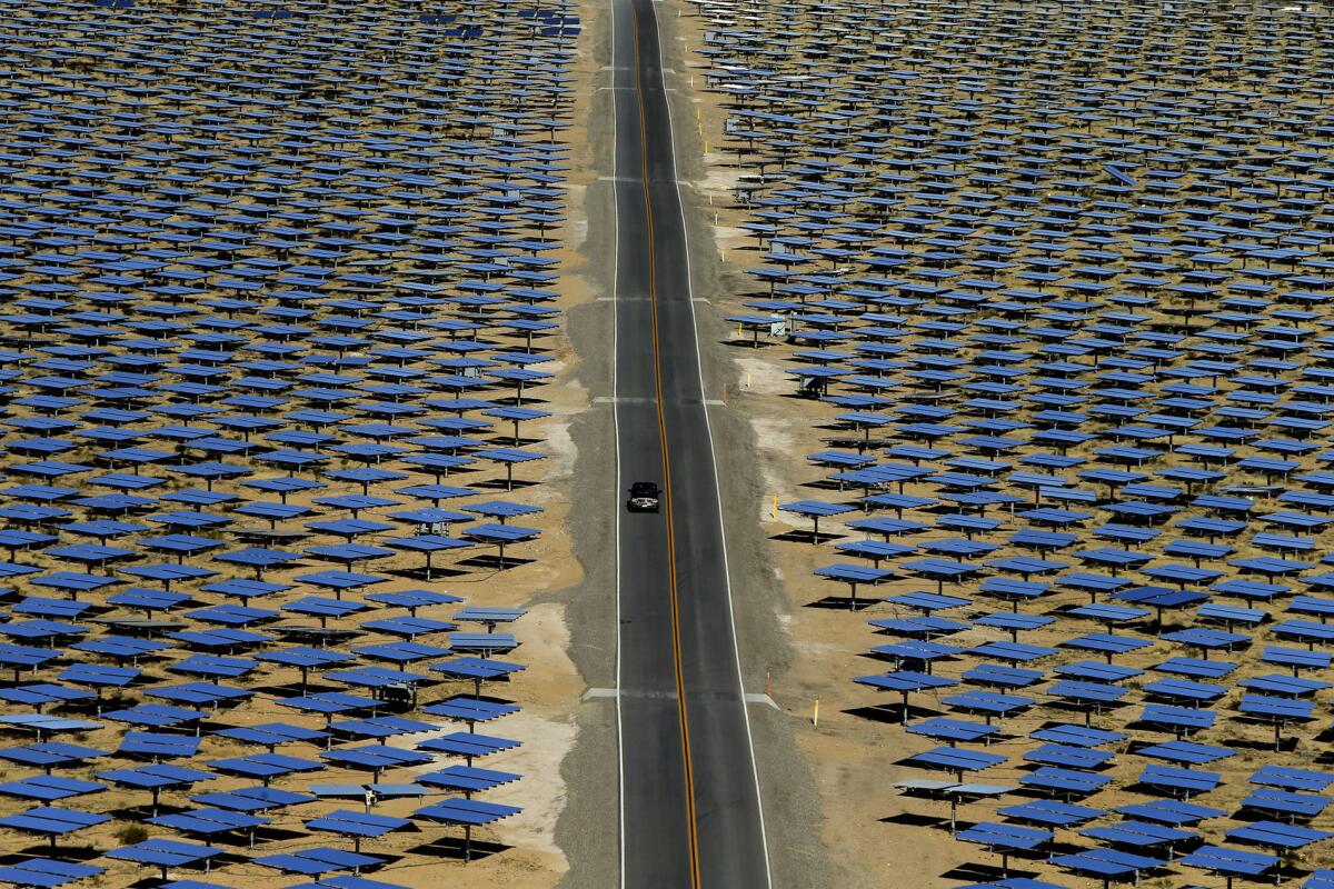 The sprawling Ivanpah Solar Electric Generating System, owned by NRG Energy and BrightSource Energy, occupies 5.5 square miles in the Mojave Desert.