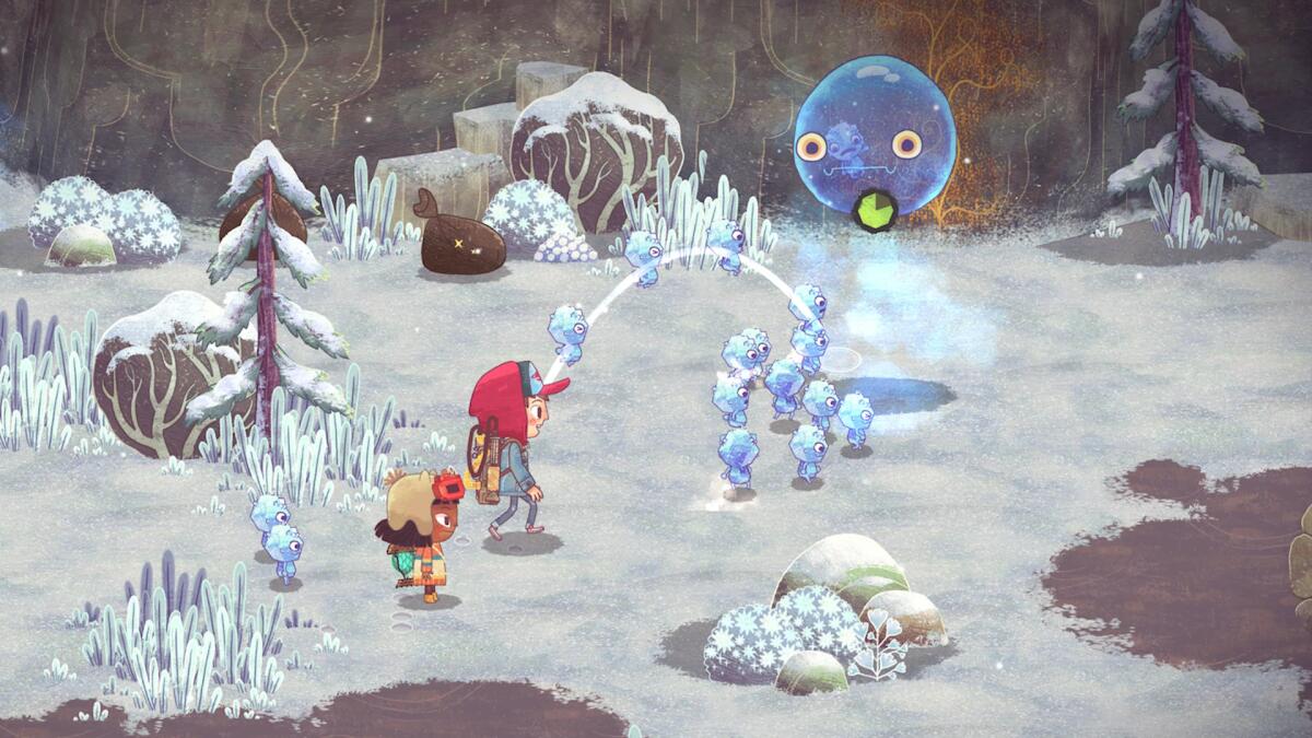 In a video game a cartoon boy and girl walk with other creatures through a wintry forest landscape