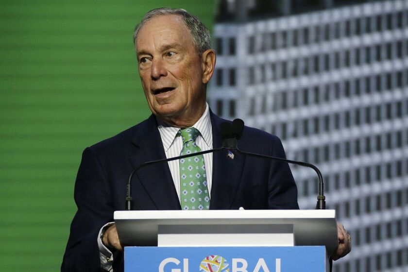 File - In this Sept. 13, 2018 file photo, Michael Bloomberg, the UN Secretary-General's Special Envoy for Climate Action, speaks during the plenary session of the Global Action Climate Summit in San Francisco. Bloomberg donated $1.5 million to the campaign against a ballot measure in Oregon that would ban any future taxes on grocery revenue and items sold in supermarkets. Bloomberg did not comment on his donation, which was disclosed Friday, Oct. 26, 2018. As New York City mayor, Bloomberg unsuccessfully tried to ban super-sized sodas and has supported proposed soda taxes in other cities. (AP Photo/Eric Risberg, File)