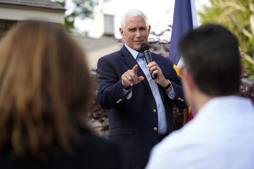 Former Vice President Mike Pence speaks to local residents during a meet and greet, Tuesday, May 23, 2023, in Des Moines, Iowa. (AP Photo/Charlie Neibergall)