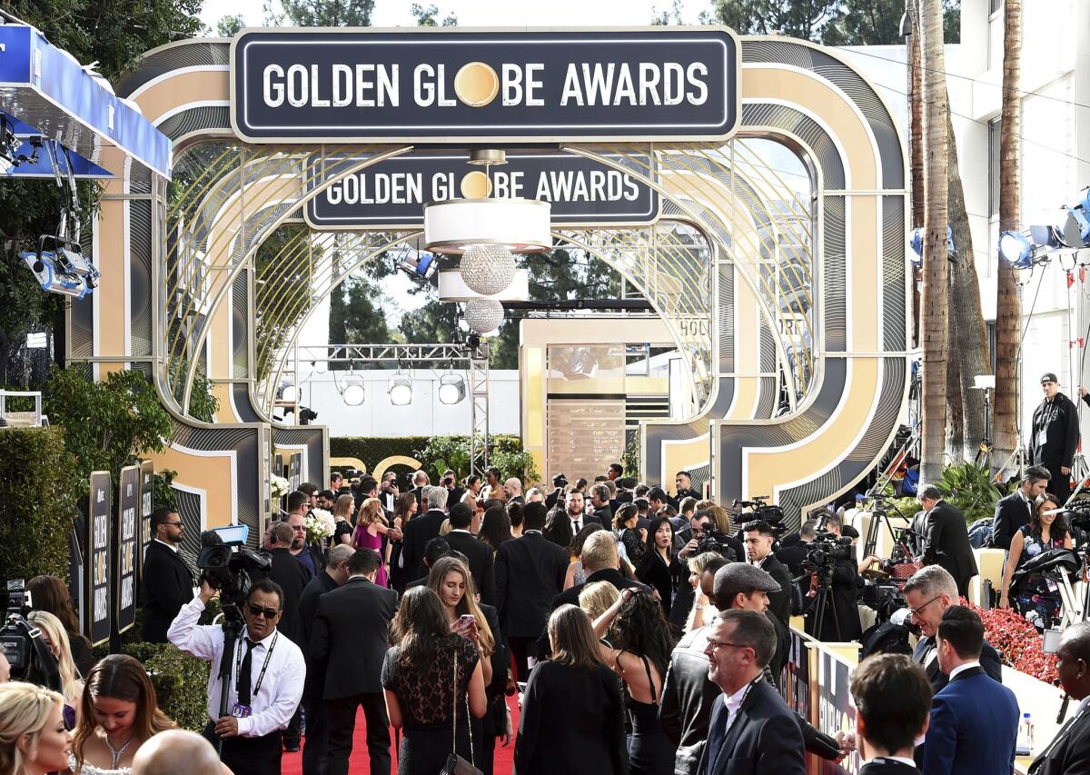 Media set up on the red carpet at the 76th Golden Globe Awards in 2019 at the Beverly Hilton hotel.