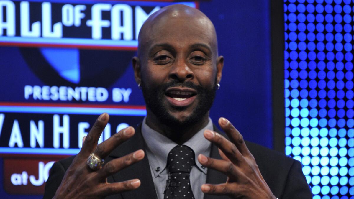 Former San Francisco 49ers wide receiver Jerry Rice speaks after being inducted into the Pro Football Hall of Fame in 2010.