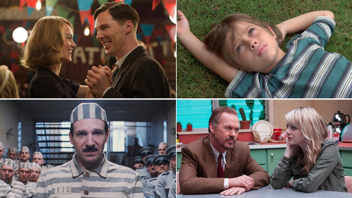 Oscar best picture nominees include, clockwise from top left, "The Imitation Game," "Boyhood," "Birdman" and "Grand Budapest Hotel."