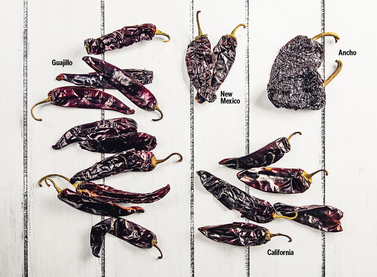 The chiles used in the chile colorado sauce include guajillo, New Mexico, ancho and California.