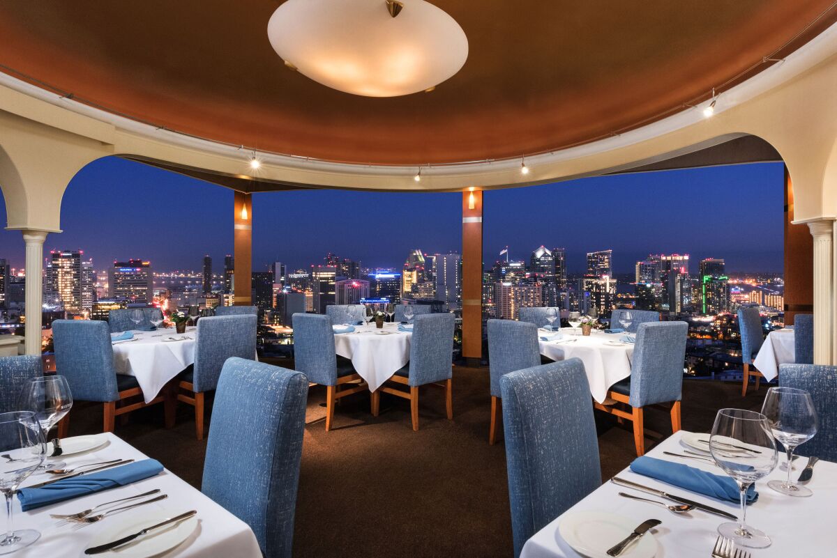 Mr. A's romantic seating with scenic views of San Diego's skyline.