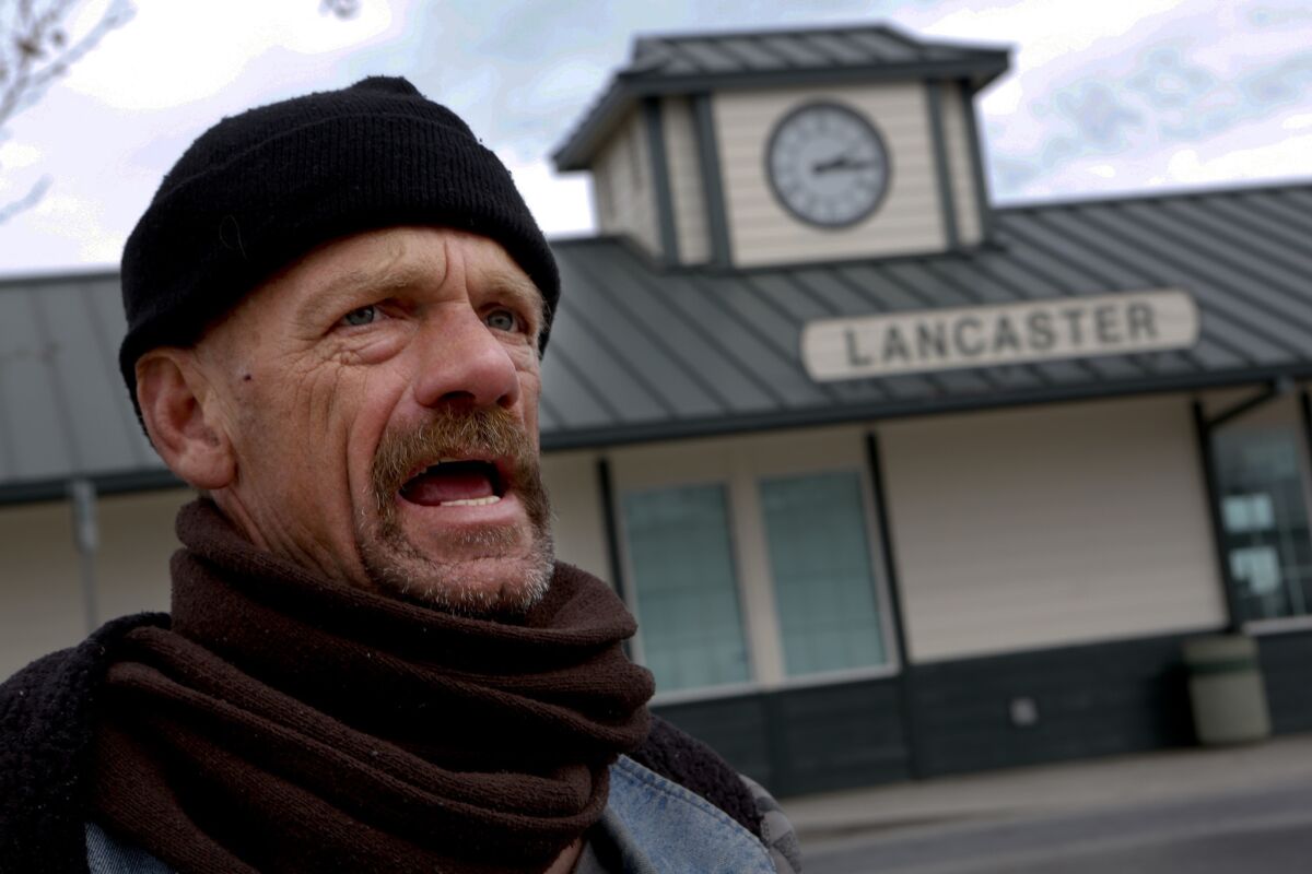 Martin Bernard Freeman, 50, talks about what it's like to be homeless in Lancaster. On this evening he will walk over to the Lancaster Community Shelter where he'll board a bus and sleep in a cot at the Antelope Valley Fairgrounds.