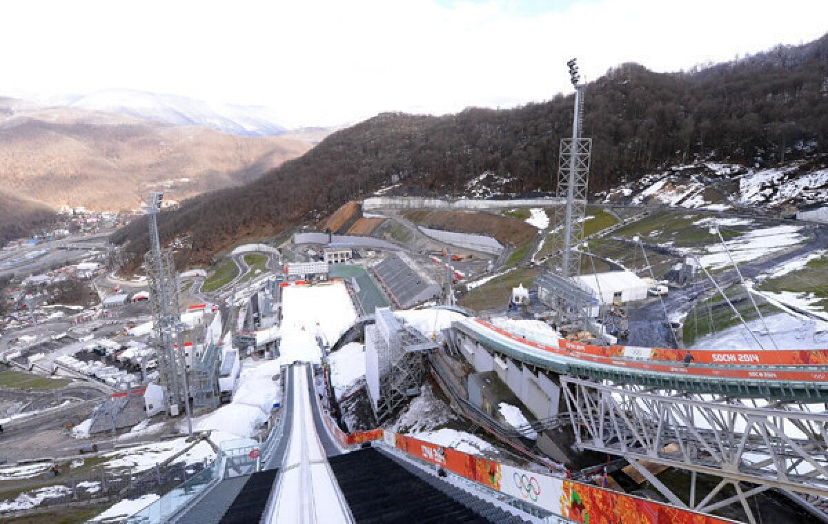 A view from the normal hill of the RusSki Gorki Ski Jumping Center in Sochi, Russia. The venue's construction costs were six times higher than originally estimated.