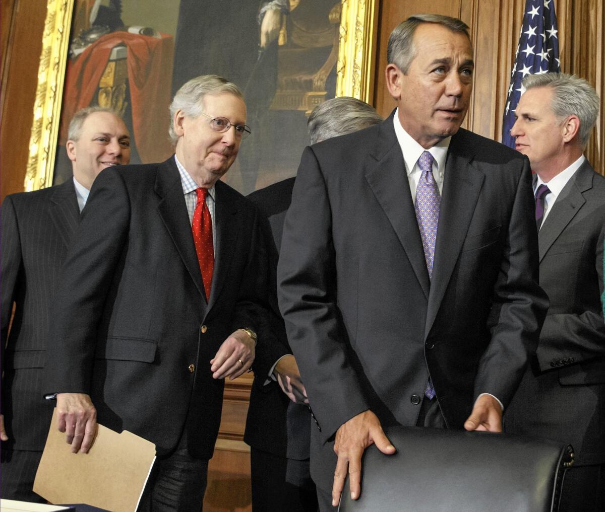 Republicans including Senate Majority Leader Mitch McConnell, second from left, and House Speaker John A. Boehner, second from right, have exchanged barbs over who is to blame for the impasse over Homeland Security funding.