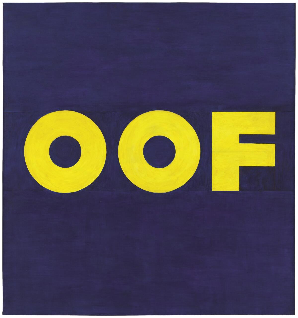 A dark blue canvas with the word "Oof" painted on it in yellow