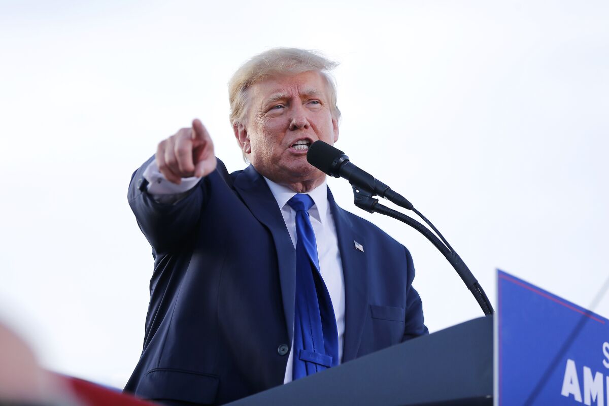 Former President Donald Trump speaks at a rally in Delaware in April.