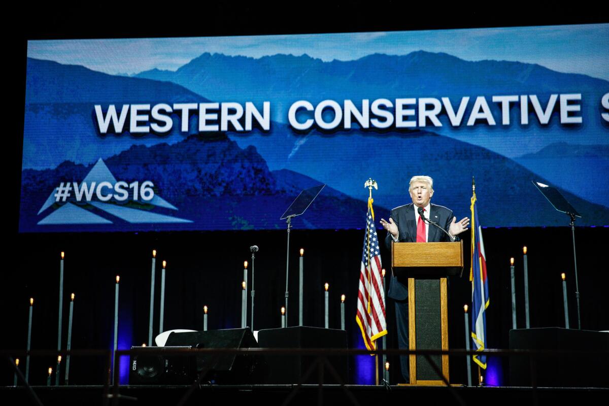 Donald Trump addresses attendees of the Western Conservative Summit in Denver.