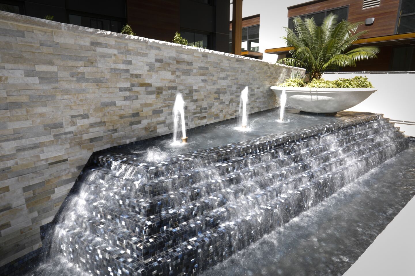 A fountain at One Paseo, the upscale apartment homes project in Carmel Valley, part of the 23-acre mixed-use project. Photographed October 8, 2019, in San Diego, California.