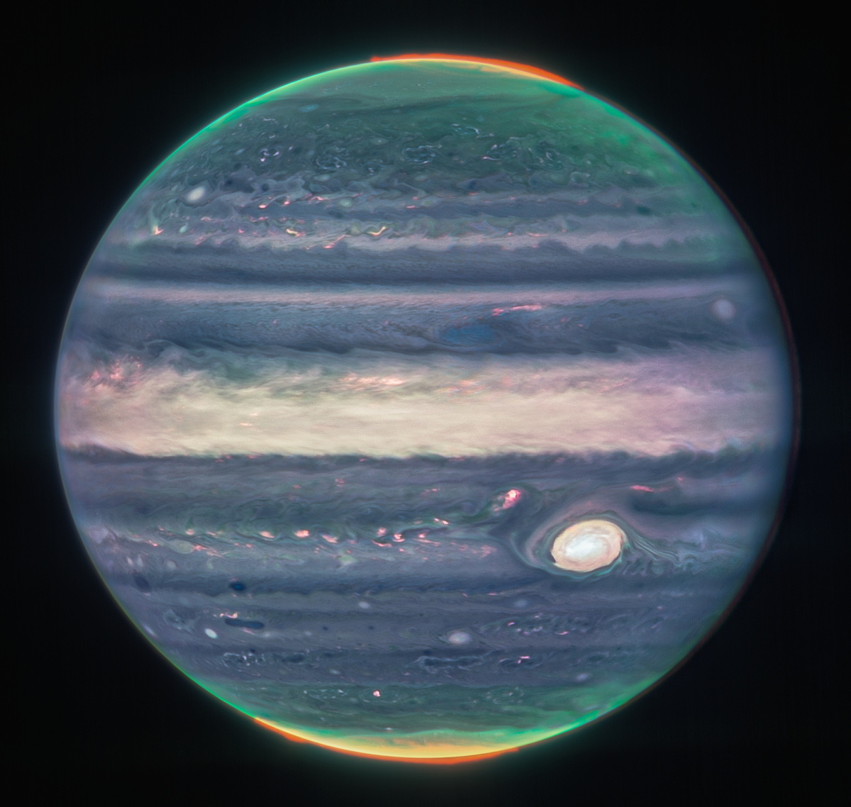 Jupiter dominates the black background of space. 