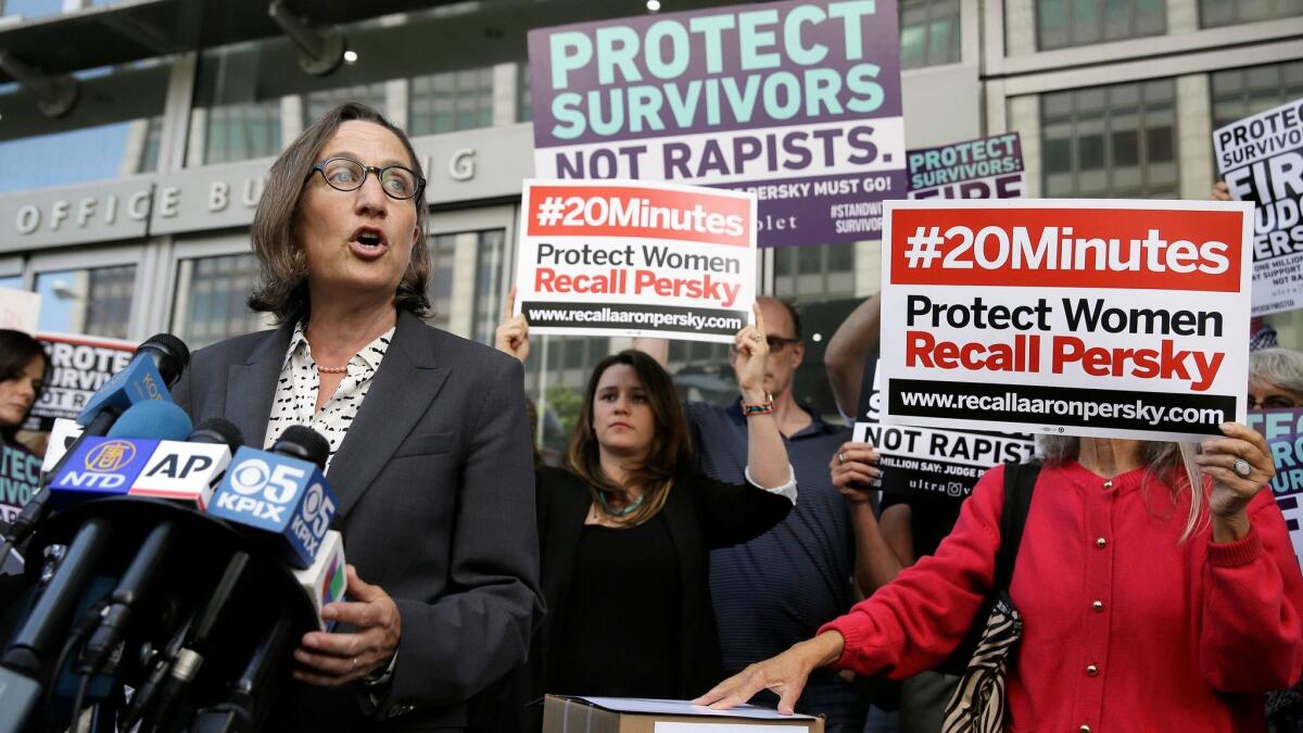 Stanford law professor Michele Dauber, seen here in 2016, said the university’s “poor handling of the situation” scuttled a plaque meant to acknowledge the campus site where a woman was sexually assaulted by a former school swimmer.