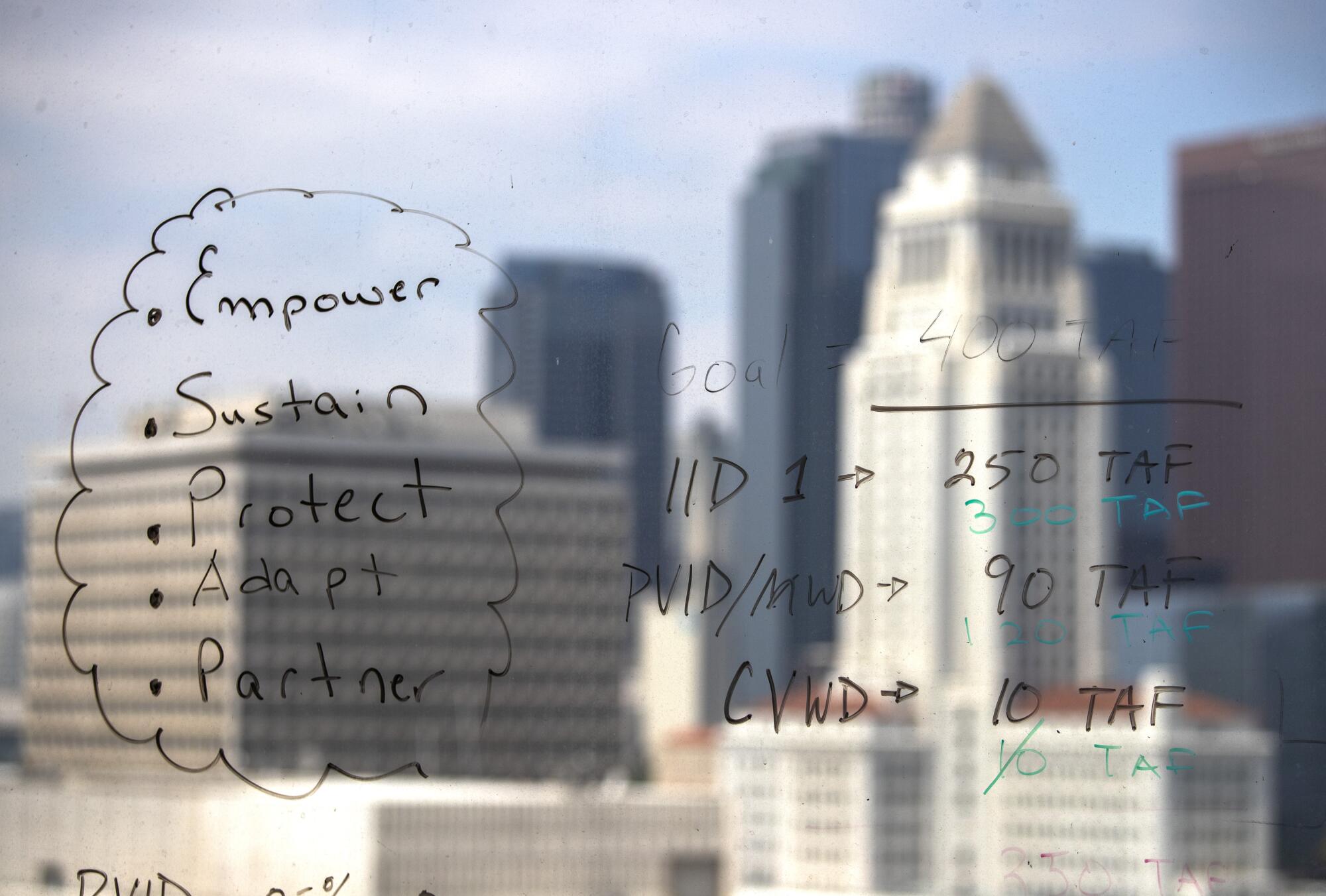 Five 'strategic priorities' written on the window of Adel Hagekhalil's office overlooking Los Angeles 