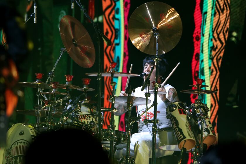 Mexican rock band Mana opens their 10-day residency at the Forum in Inglewood on Friday, March 18, 2022. Above, drummer Alex Gonzalez.