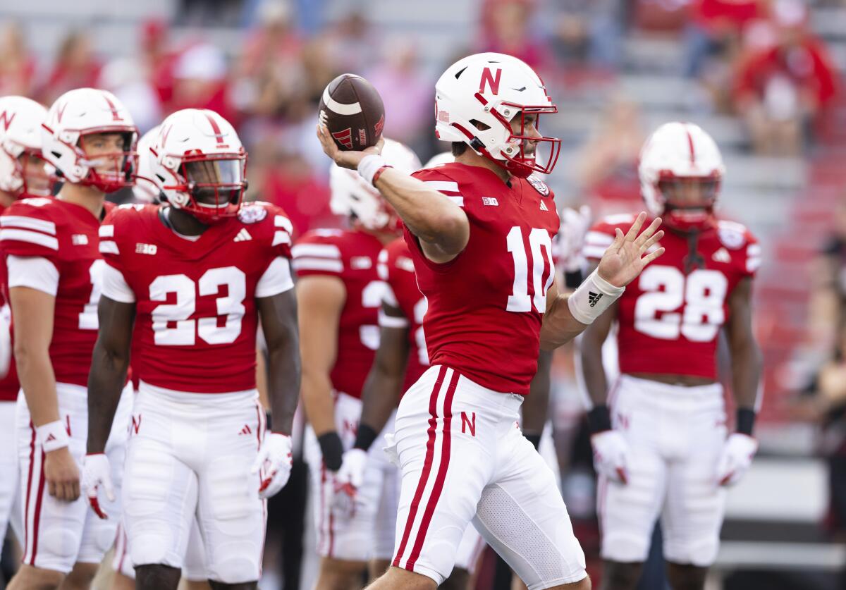 Nebraska quarterback Heinrich Haarberg (10) passes the ball during warmups before playing against Northern Illinois during an NCAA college football game, Saturday, Sept. 16, 2023, in Lincoln, Neb. (AP Photo/Rebecca S. Gratz)