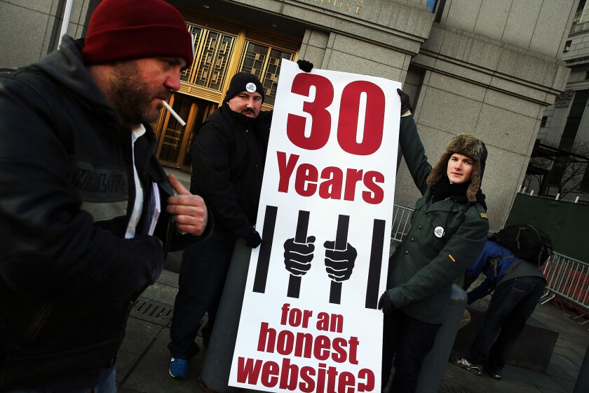 Supporters of Ross Ulbricht in front of a Manhattan federal courthouse last month.