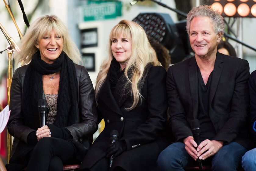 Christine McVie, left, Stevie Nicks and Lindsey Buckingham from the band Fleetwood Mac appear on NBC's "Today" show in 2014.