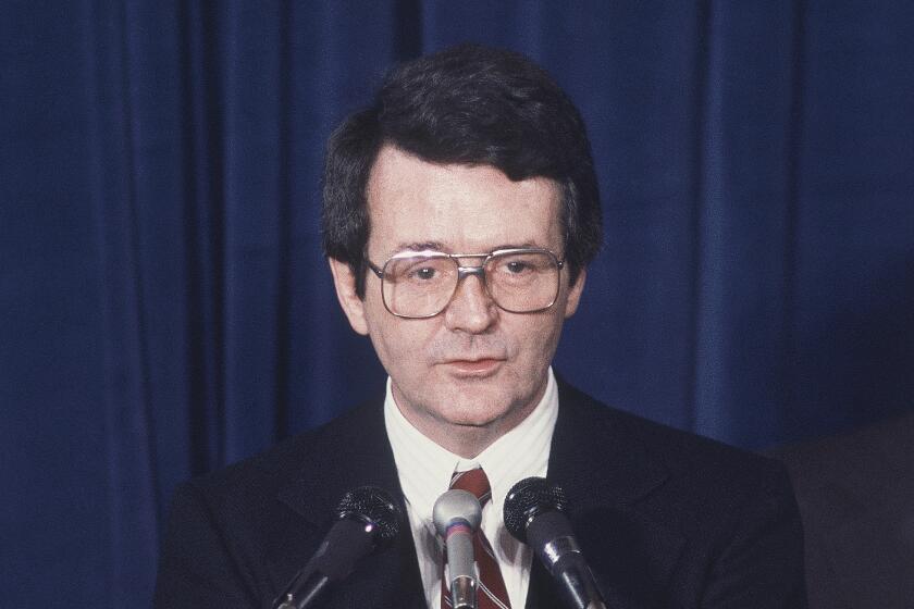 FILE - Then-Labor secretary Raymond Donovan, a Reagan nominee, speaks Monday, Dec. 23, 1980 in Washington. Donovan, a construction company executive who resigned as secretary of the U.S. Department of Labor, died Wednesday, June 2, 2021. He was 90. (AP Photo/Taylor, file)