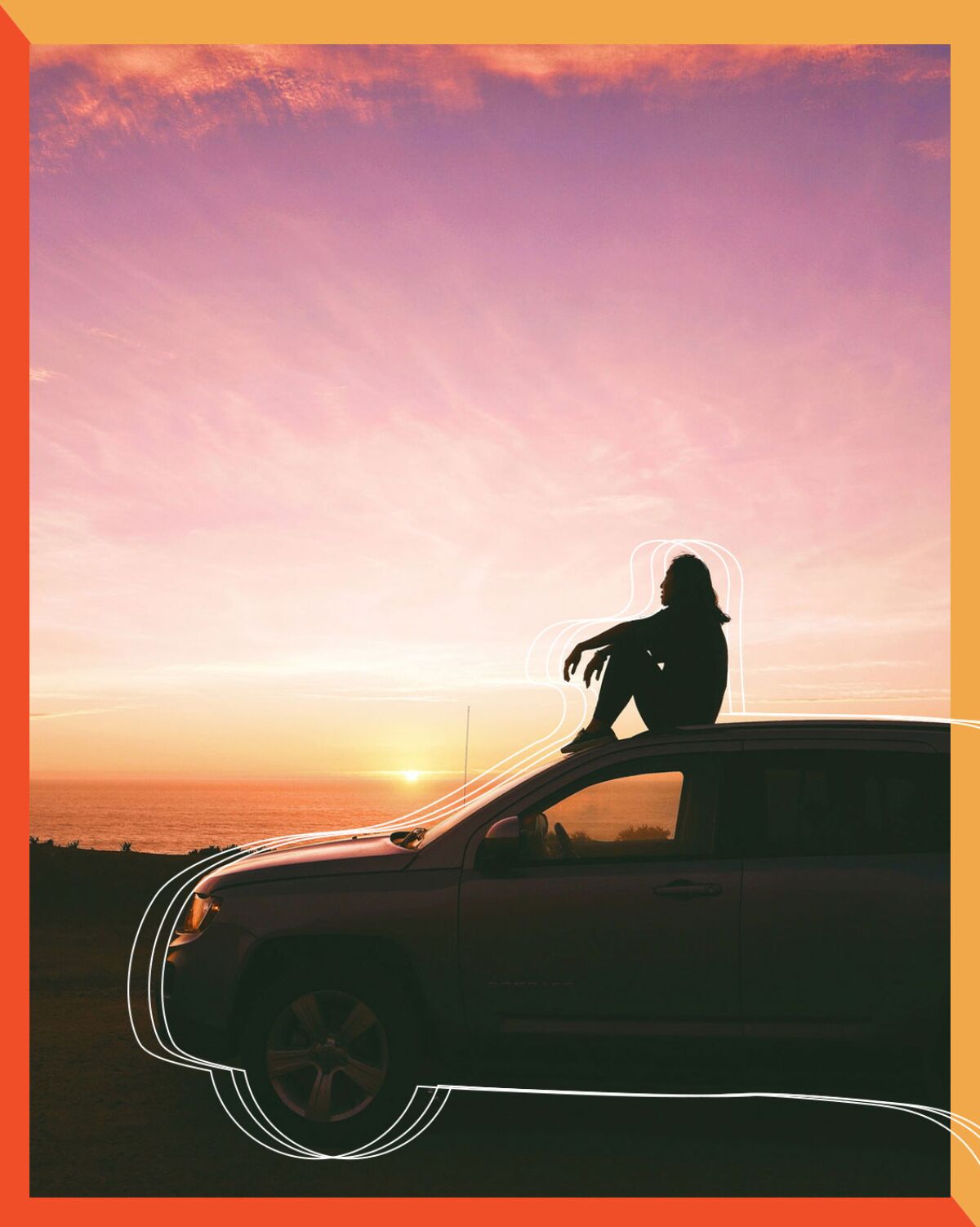 An illustrated photo of a person sitting on the top of a vehicle
