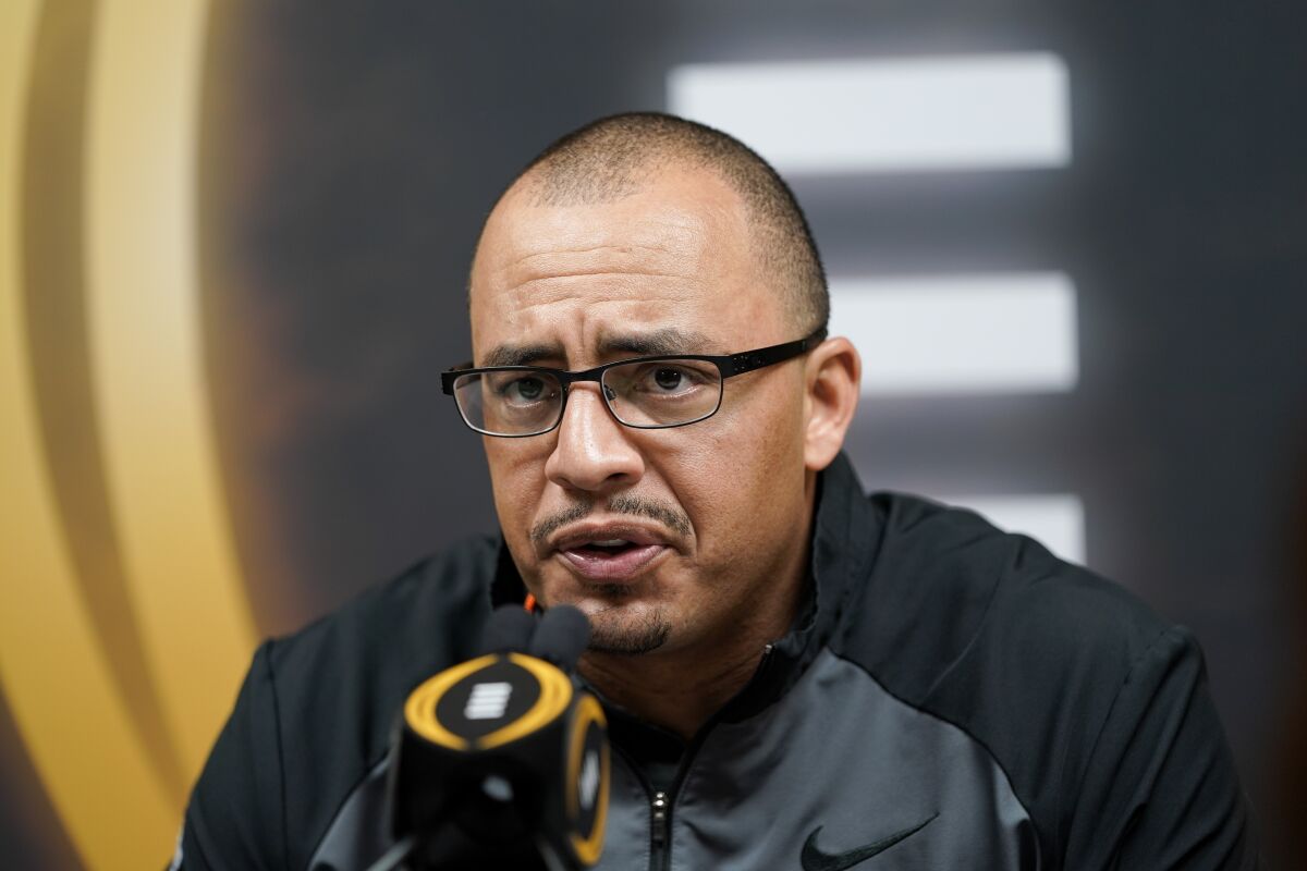 Clemson co-offensive cordinator Tony Elliott speaks during a news conference in January 2020.
