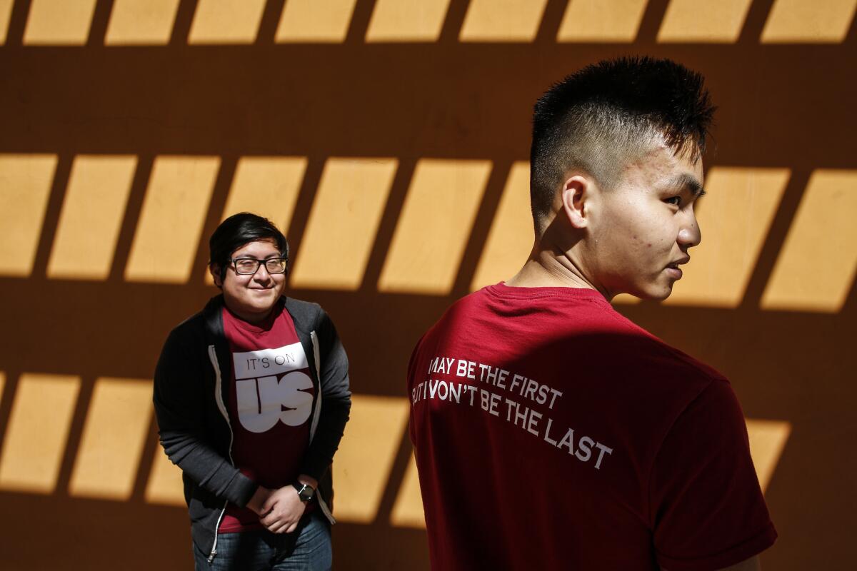 Claremont McKenna College students Tony Chau, right, and Julian Hernandez are both first-generation students.