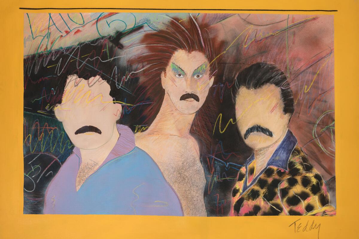 A painting shows 3 male figures: 2 without facial features except for a mustache and one with eyeshadow and spiked hair