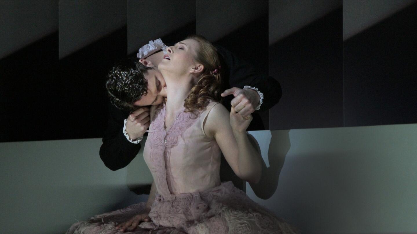 Liam Bonner as Aeneas and Paula Murrihy as Dido in "Dido and Aeneas" by Los Angeles Opera.
