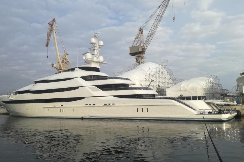 This photo provided Thursday March 3, 2022 by the French Customs shows the yacht Amore Vero docked in the Mediterranean resort of La Ciotat, Wednesday March 2, 2022. French authorities have seized the yacht linked to Igor Sechin, a Putin ally who runs Russian oil giant Rosneft, as part of EU sanctions over Russia's invasion of Ukraine. The boat arrived in La Ciotat on Jan. 3 for repairs and was slated to stay until April 1 and was seized to prevent this attempted departure. (Douane Francaise via AP)