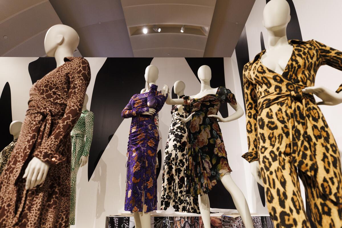 Diane von Furstenberg's dresses are displayed at the Skirball Cultural Center.