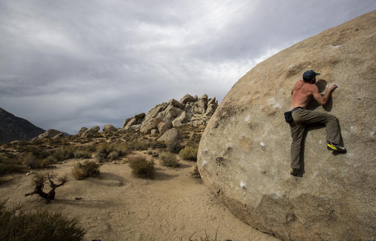 A climber scales a boulder in the Buttermilks, a popular climbing area in Bishop, Calif.