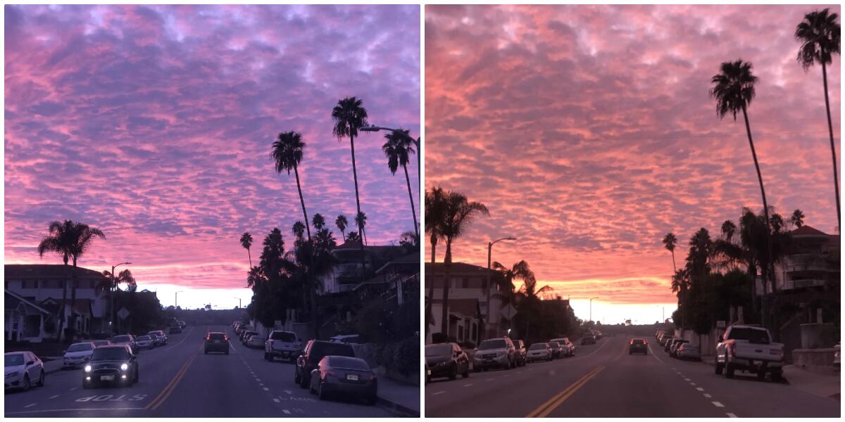 Dos fotos muestran el cambio de colores en un atardecer del día de Año Nuevo, como se ve en San Pedro.