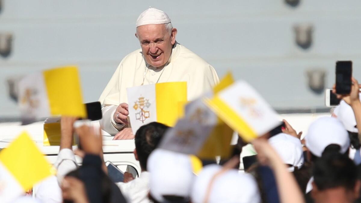 Pope Francis arrives to lead Mass at Zayed Sports City in the United Arab Emirates on Feb. 5, 2019.