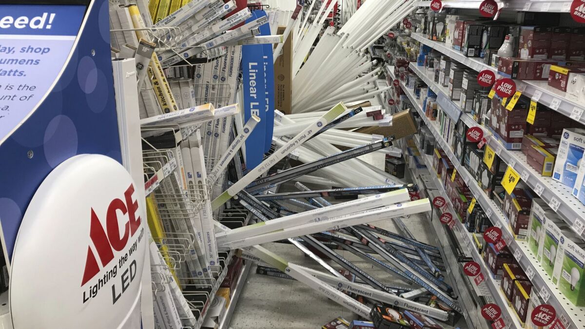 A magnitude 7.0 earthquake shook merchandise from the shelves at Andy's Ace Hardware in Anchorage on Friday.