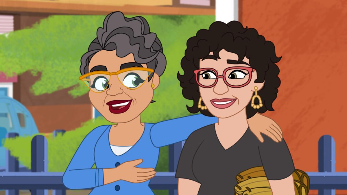 An cartoon still of Granny Isa with her arm around the shoulders of Sonia Sotomayor.