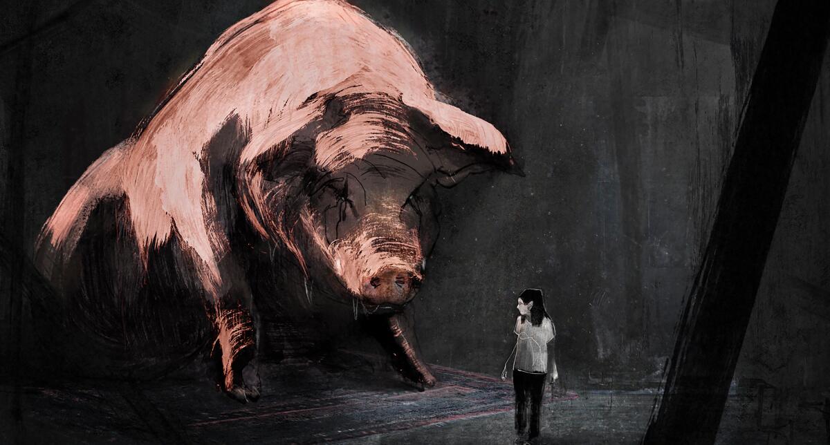 A girl stands in front of a giant illustrated pig in "Letter to a Pig."