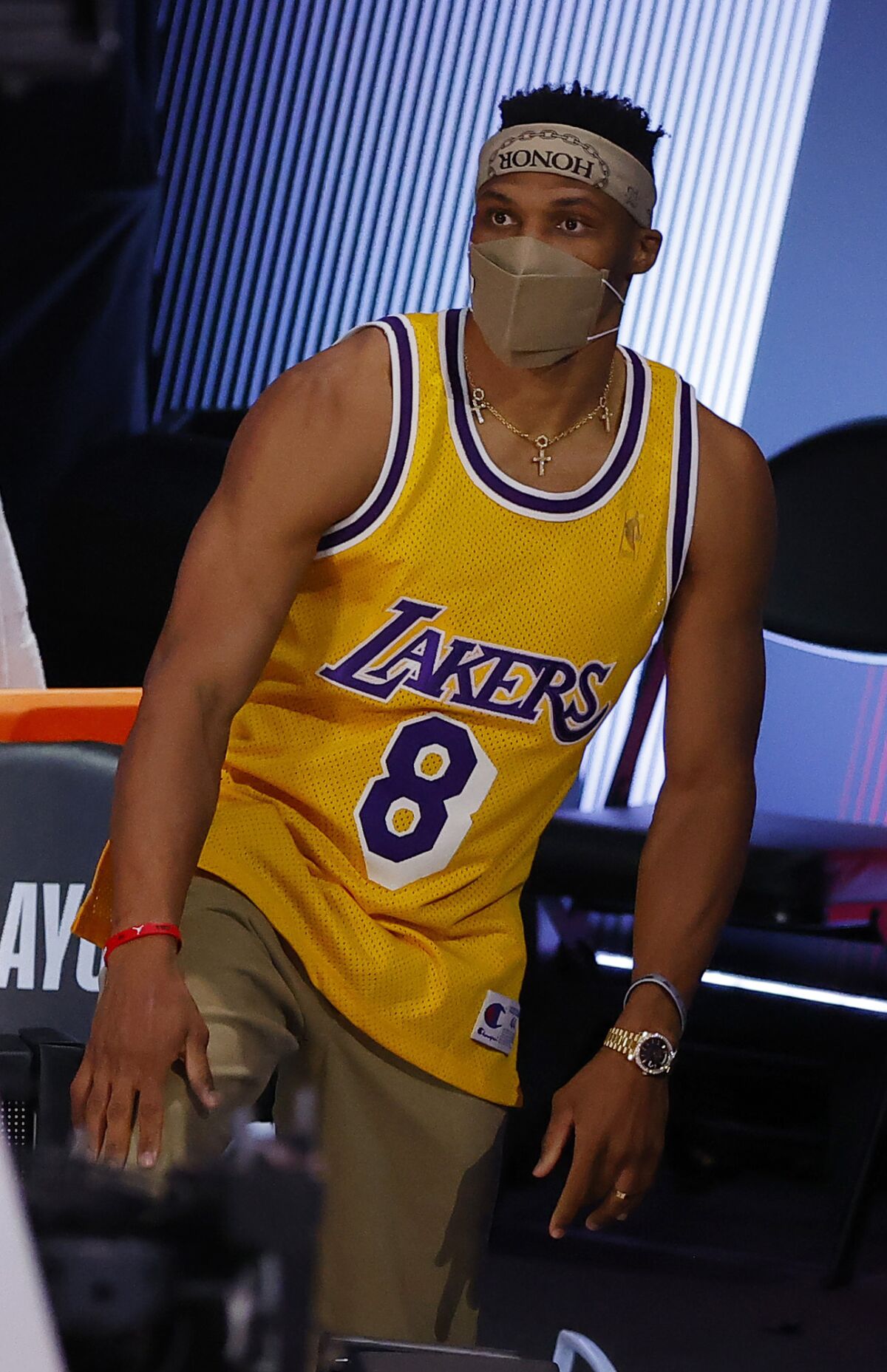 Russell Westbrook wears a Kobe Bryant jersey during a playoff game with the Rockets in 2020.