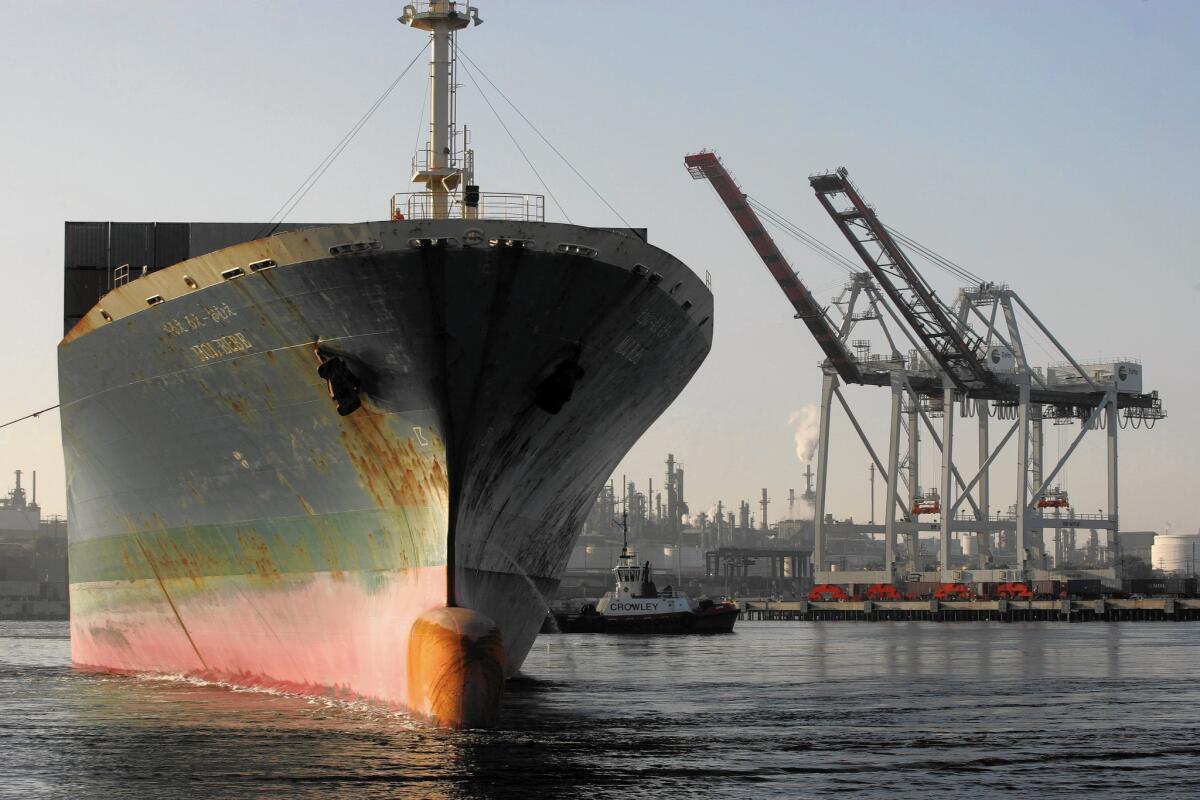 A cargo ship from Japan leaves the TraPac terminal at the Port of Los Angeles in 2009.