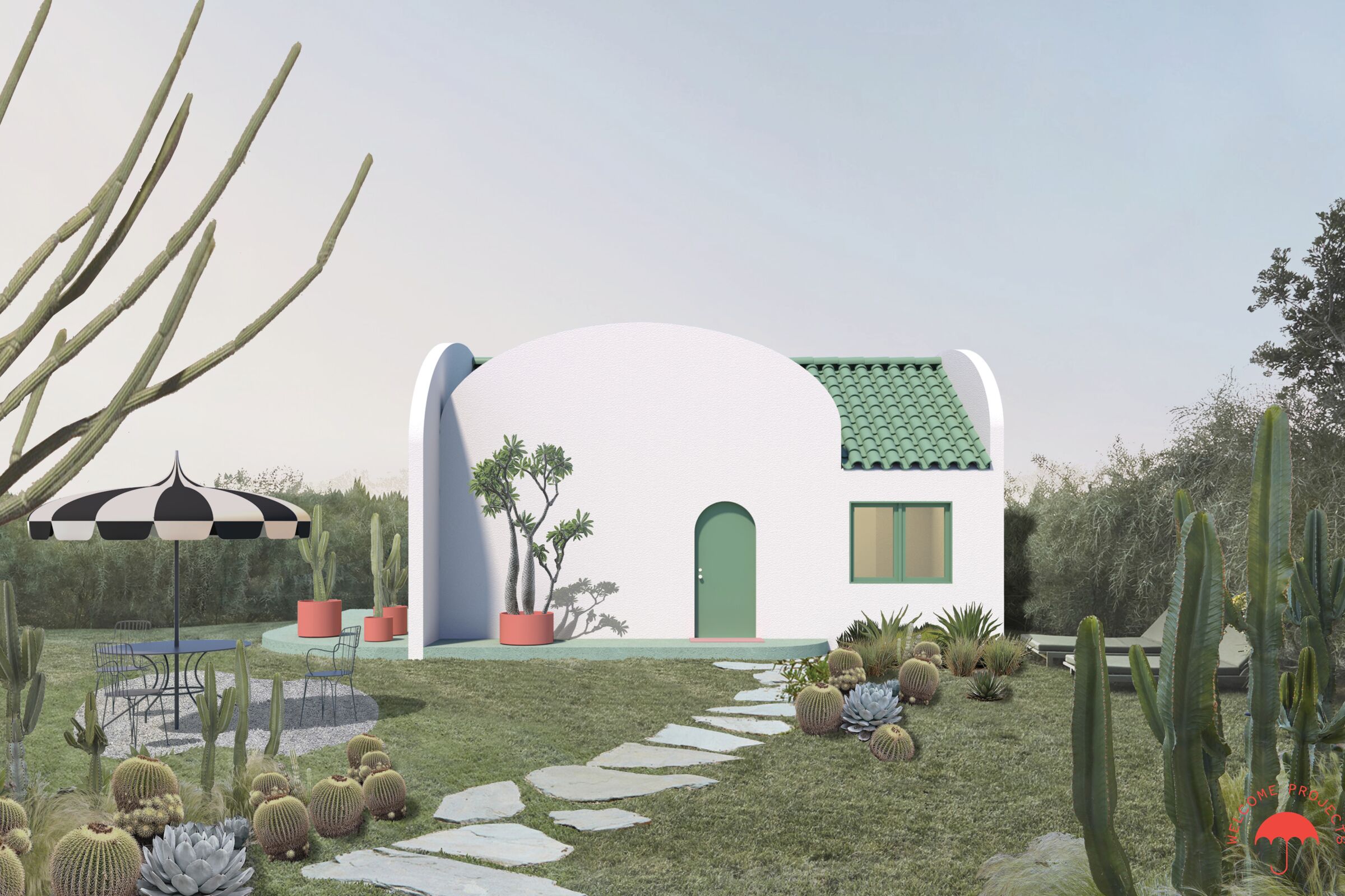 An image of a small white house with a green tile roof and desert landscaping.