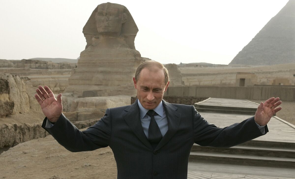 Russian President Vladimir Putin visits the pyramids outside Cairo on April 27, 2005.