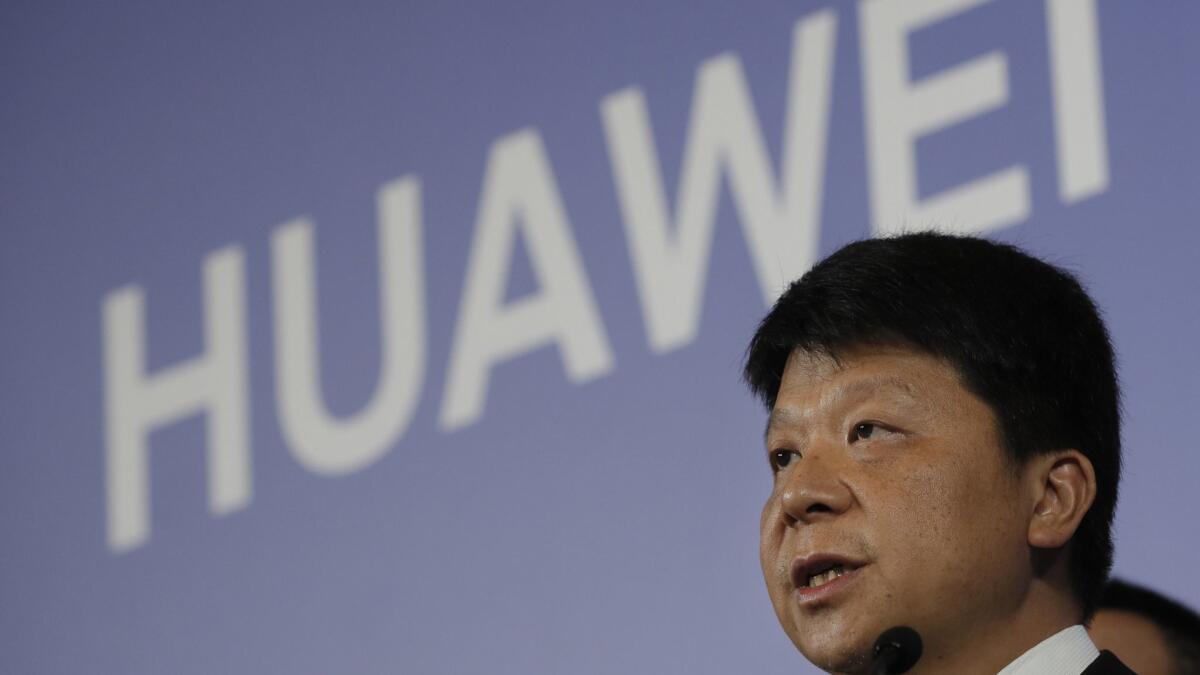 Huawei Rotating Chairman Guo Ping speaks during a press conference in Shenzhen, China.