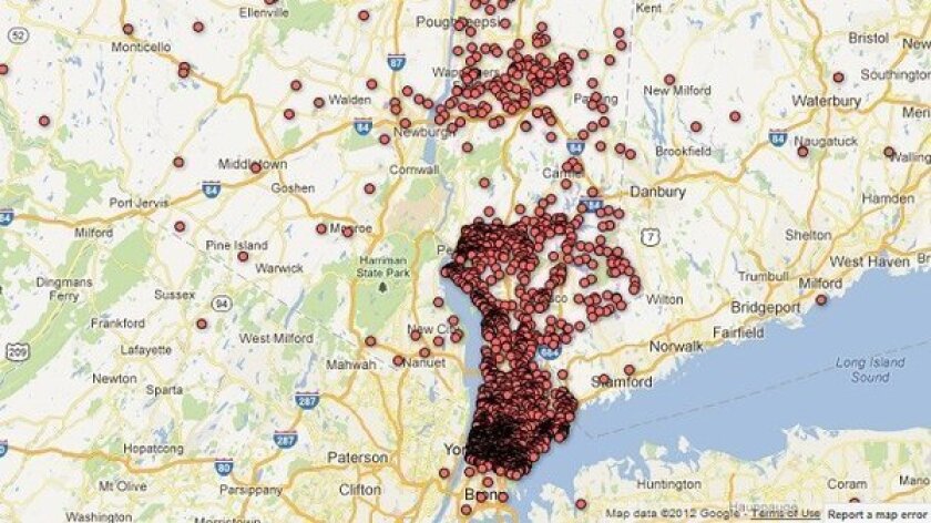 This map, now taken down from the website, had been published by Lohud.com and indicated addresses of all handgun permit-holders in Westchester and Rockland counties in New York.