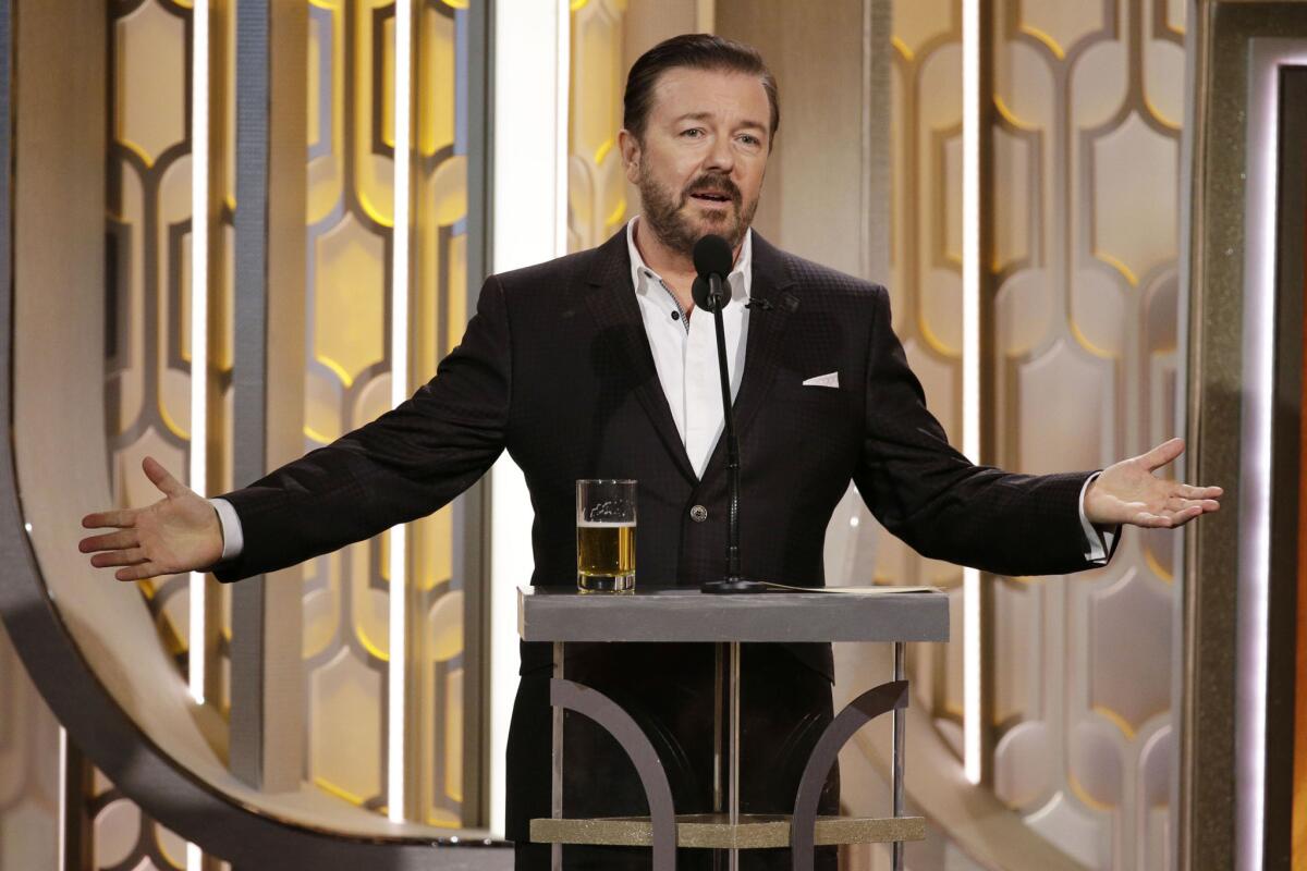 Host Ricky Gervais speaks onstage during the 73rd Golden Globes Awards at the Beverly Hilton Hotel on Jan. 10, 2016, in Beverly Hills, California.