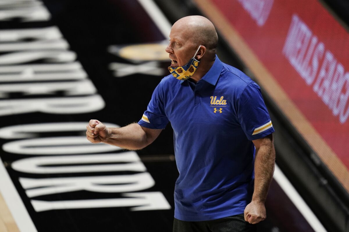 UCLA coach Mick Cronin reacts during the second half of the team's NCAA college basketball game.