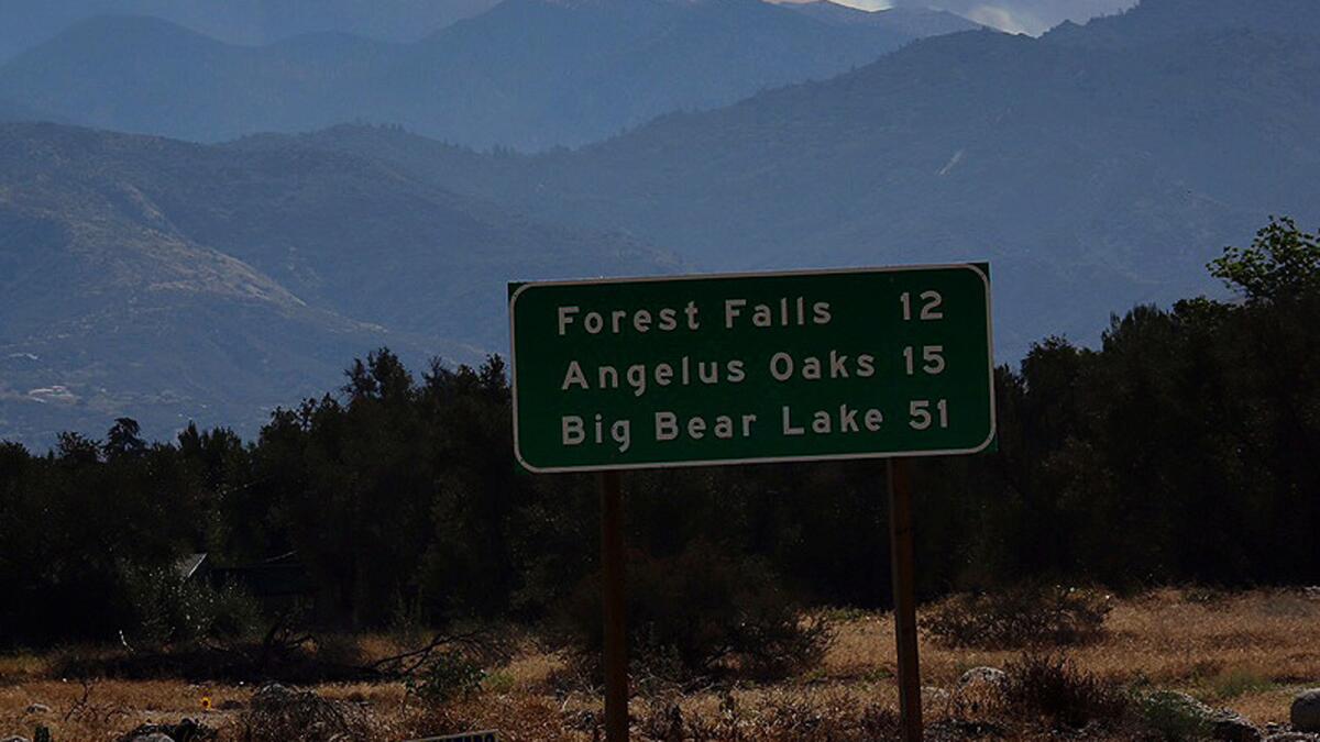 A sign for Forest Falls, which is at the base of Big Falls in the San Bernardino National Forest.