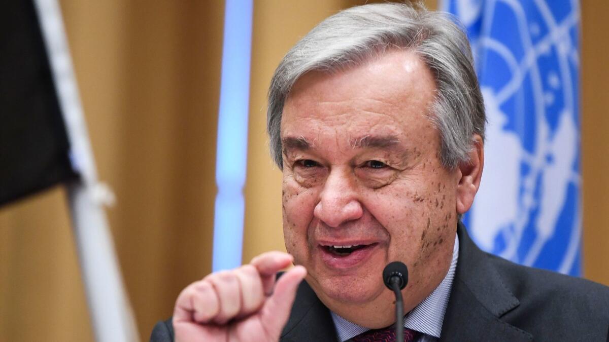 United Nations' Secretary-General Antonio Guterres holds a press conference in Rimbo, north of Stockholm on Dec. 13.