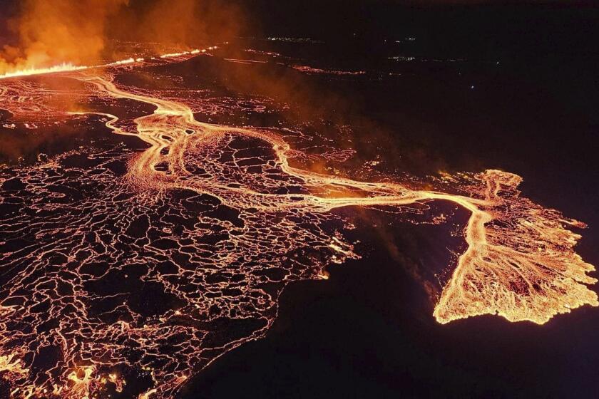 A volcano in southwestern Iceland erupted Thursday, Aug. 22, 2024, for the sixth time since December, spewing red lava through a new fissure on the Reykjanes Peninsula.( Iceland Civil Defense via AP)