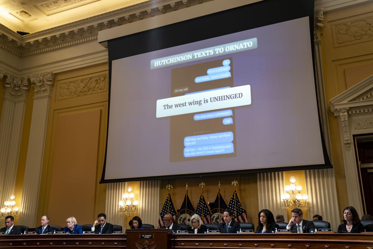 "The West Wing is unhinged" is displayed on a screen during the hearing.