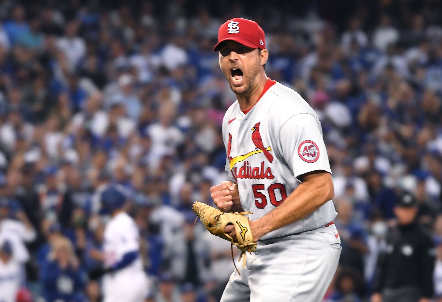 St. Louis Cardinals starting pitcher Adam Wainwright celebrates after a pitch during the fourth inning